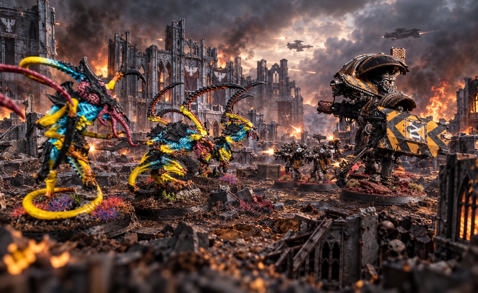 Winged Tyranids advance on a hazard-striped Iron Warriors daemon engine through a burning ruined city